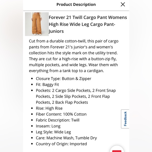 NWT - FOREVER 21 Junior’s Twill High Waisted Wide Leg Cargo Pants - Picture 6 of 11